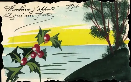 Handgemalt Ak Bonheur j'apporte, Stechpalmenzweig, 1916