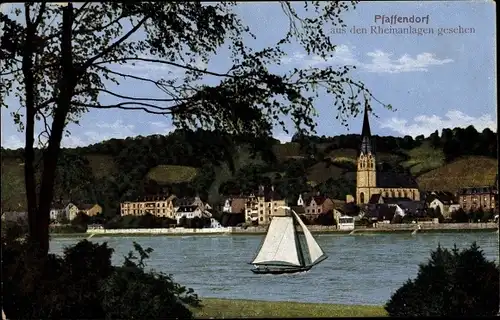 Ak Pfaffendorf Koblenz am Rhein, Ort aus den Rheinanlagen gesehen, Segelboot