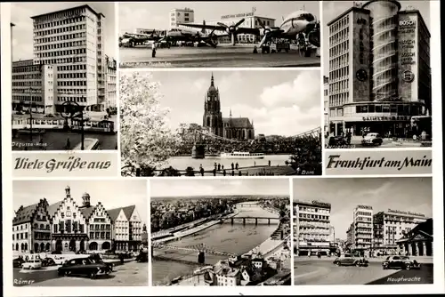 Ak Frankfurt am Main, Flughafen, Degussa-Haus, Hauptwache, Römer, Teilansicht, Dom, Juniorhaus