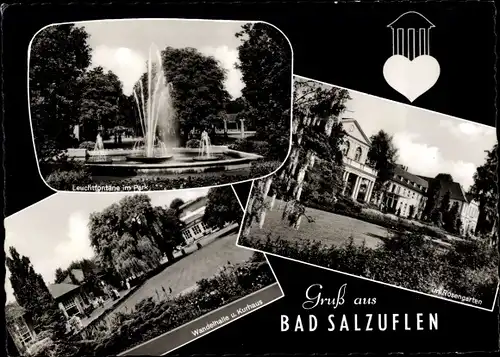 Ak Bad Salzuflen in Lippe, Leuchtfontäne im Kurpark, Wandelhalle mit Kurhaus, Rosengarten