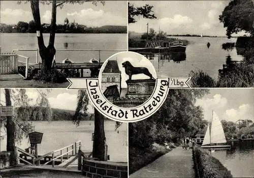 Ak Ratzeburg im Herzogtum Lauenburg, Ratzeburger Dom mit Braunschweiger Löwe, Seepromenade