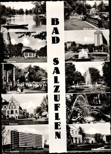 Ak Bad Salzuflen in Lippe, Leuchtfontäne im Kurpark, Kurhaus, Rathaus, Wandelhalle, Kurklinik