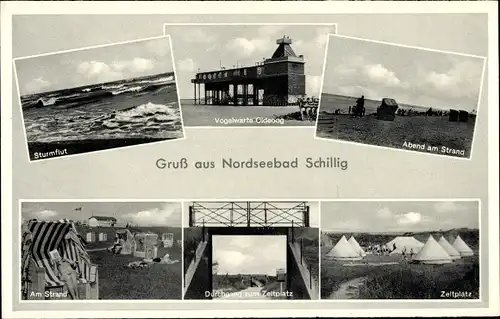 Ak Schillig Wangerland in Friesland, Sturmflut, Vogelwarte Oldeoog, Zeltplatz