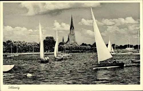 Ak Schleswig an der Schlei, Segelpartie, Kirchturm