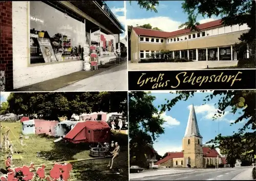 Ak Schepsdorf Lingen im Emsland, Campingplatz, Kirche, Laden, Schule