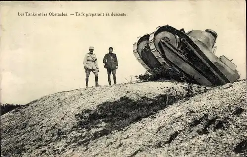 Ak Les Tanks et les Obstacles, Tank preparant sa descente, Französischer Panzer