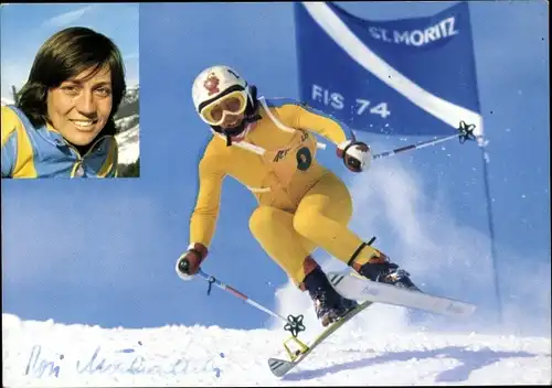 Ak Sankt Moritz Kanton Graubünden, FIS 74, Skirennfahrerin, Rosi Mittermaier, Autogramm