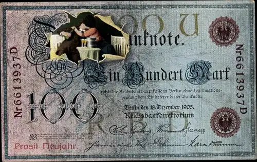 Geldschein Ak Glückwunsch Neujahr, Ein Hundert Mark, Liebespaar beim Kuss, Sekt