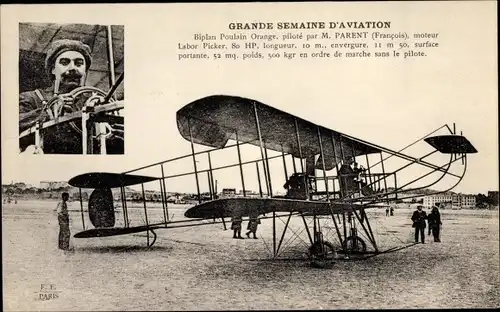 Ak Grande Semaine d'Aviation, Biplan Poulain Orange, pilote par Francois Parent, Flugpionier