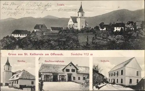 Ak Sankt Kathrein am Offenegg Katharein am Offeneck Steiermark, Kirche, Kaufmannshaus, Schule