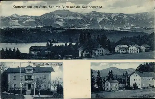 Ak Krottenmühl Söchtenau am Simssee Oberbayern, Panorama, Kampenwand, Bahnhof Restauration