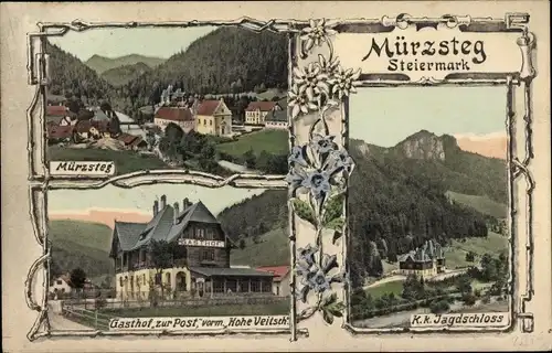 Ak Mürzsteg Steiermark, K. k. Jagdschloss, Gasthof zur Post, vorm. Hohe Veitsch