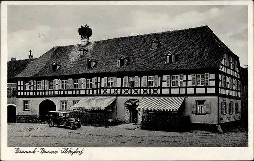 Ak Baunach in Oberfranken, Brauerei Obleyhof, Storchennest, Auto