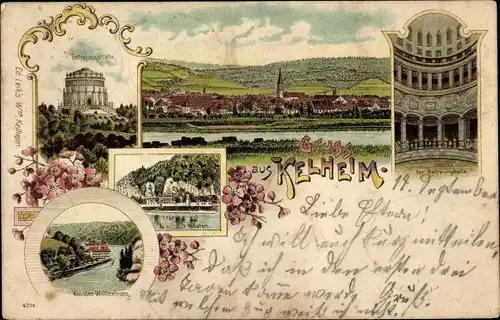 Litho Kelheim an der Donau Niederbayern, Befreiungshalle, Kloster Weltenburg, Gesamtansicht