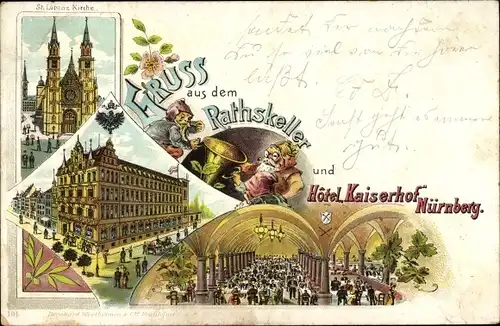 Litho  Nürnberg in Mittelfranken, Hotel Kaiserhof, Ratskeller, St. Lorenz Kirche