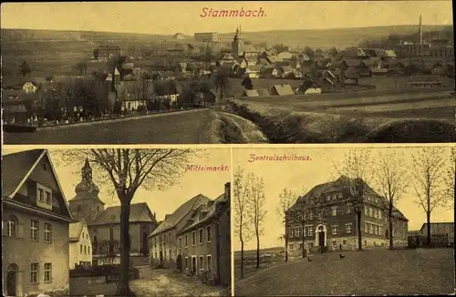 Ak Stammbach in Oberfranken, Panorama, Mittelmarkt, Zentralschulhaus
