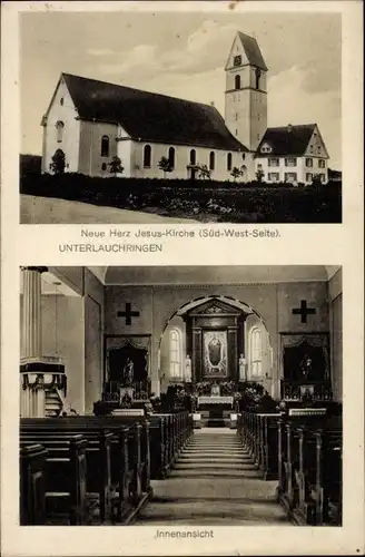 Ak Unterlauchringen Lauchringen in Baden, Neue Herz Jesus-Kirche, Außen- und Innenansicht