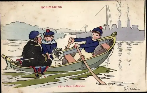 Künstler Ak Nos Marins, Canot Major, französische Seeleute, Ruderboot