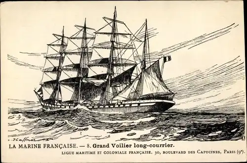 Künstler Ak Haffner, L., Viermaster Segelschiff, Grand voilier long courier, La Marine Francaise