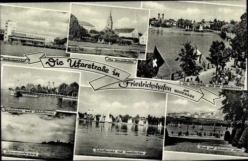 Ak Friedrichshafen am Bodensee, Uferstraße, Hafenbahnhof, Yachthafen, Schlosskirche, Segelboote