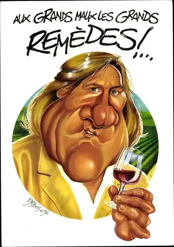 Ak Schauspieler Gérard Depardieu, Karikatur, Weinglas