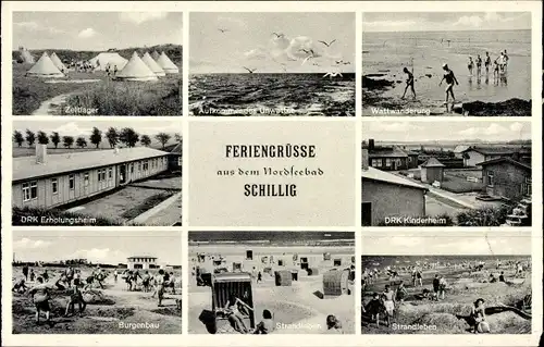 Ak Schillig Wangerland in Friesland, Zeltlager, DRK Erholungsheim, Burgenbau, Strandleben