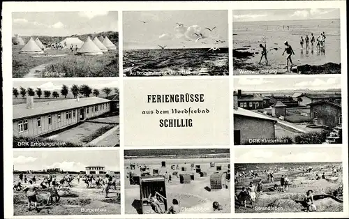 Ak Schillig Wangerland in Friesland, Zeltlager, DRK Erholungsheim, Burgenbau, Strandleben
