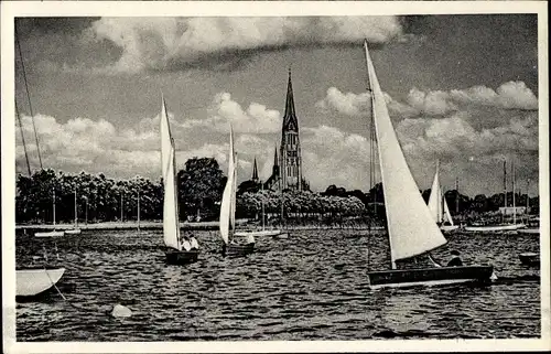 Ak Schleswig an der Schlei, Segelpartie, Kirchturm