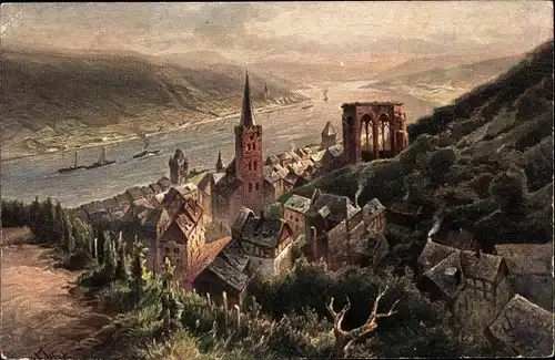 Ak Bacharach am Rhein, Ort vom Berg gesehen, Ruine