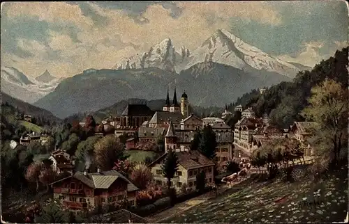 Künstler Ak Treiber, H., Berchtesgaden in Oberbayern, Blick auf den Ort