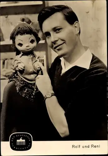 Ak Schauspieler Wolfgang Hübner, Rolf und Reni, Handpuppe, DDR Deutscher Fernsehfunk