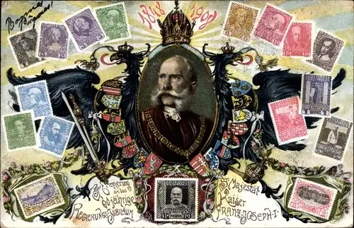 Briefmarken Ak Kaiser Franz Joseph I., 60 jähriges Regierungsjubiläum, Portrait, Wappen