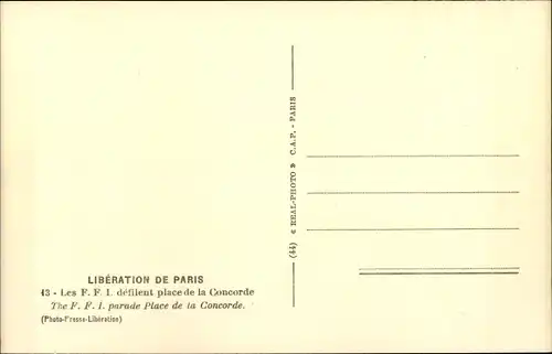 Ak Paris VIII. Élysée, Liberation de Paris, Les F. F. I. defilent place de la Concorde