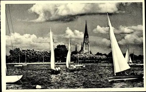 Ak Schleswig an der Schlei, Segelpartie, Kirchturm