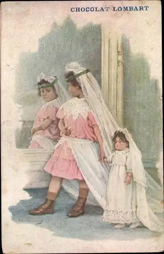 Ak Reklame, Chocolat Lombart, Mädchen mit Brautschleier und Puppe im Hochzeitskleid