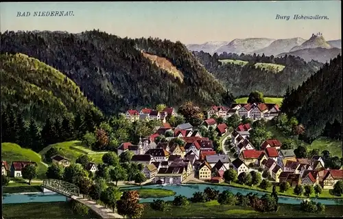 Ak Bad Niedernau Rottenburg am Neckar, Burg Hohenzollern, Brücke, Ortspanorama