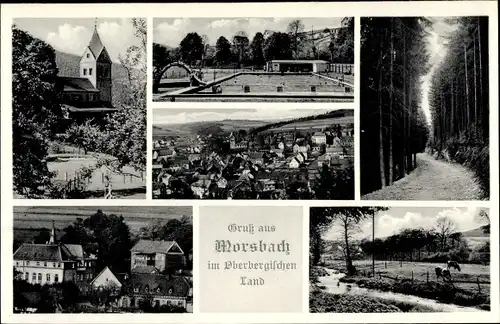 Ak Morsbach Sieg Oberbergisches Land, Teilansicht, Freibad, Waldpartie, Kirche