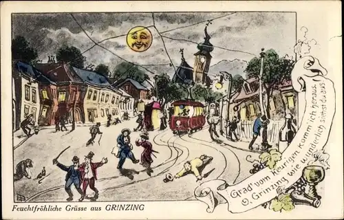 Künstler Ak Wien 19 Döbling Grinzing, Betrunkene auf der Straße, Straßenbahn