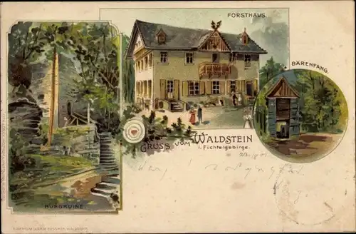 Litho Zell im Fichtelgebirge, Großer Waldstein, Bärenfang, Forsthaus, Burgruine