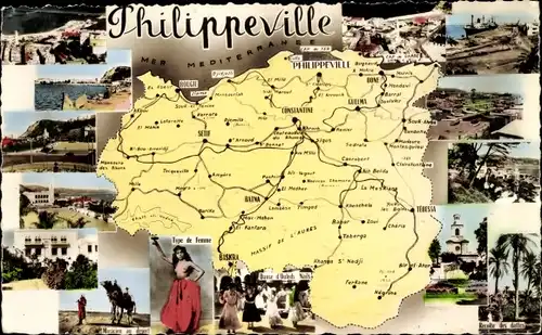 Landkarten Ak Philipeville Algerien, Stadtansichten, Type de Femme, Palmen