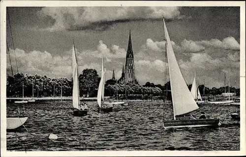 Ak Schleswig an der Schlei, Segelpartie, Kirchturm