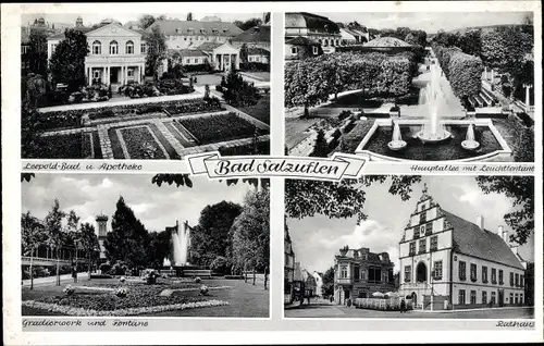 Ak Bad Salzuflen in Lippe, Leopold-Bad, Apotheke, Haupthalle, Gradierwerk, Fontäne, Rathaus