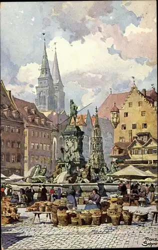 Künstler Ak Schmidt, F., Nürnberg in Mittelfranken, Neptunbrunnen, Marktplatz