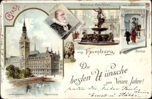 Litho Hamburg Mitte, Senator, Rathaus-Brunnen, Bachus