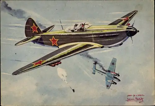 Künstler Ak Sowjetisches Kampfflugzeug YAK 9, URSS, Avions Alliés