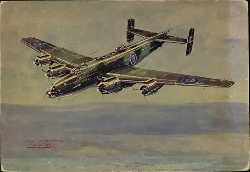 Künstler Ak Petit, Louis, Britisches Kampfflugzeug Handley Page Halifax Mark III, Avions Alliés