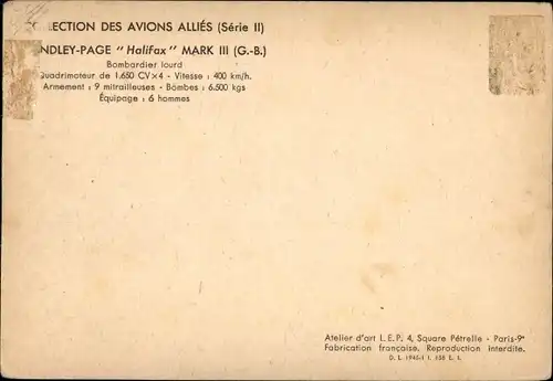 Künstler Ak Petit, Louis, Britisches Kampfflugzeug Handley Page Halifax Mark III, Avions Alliés