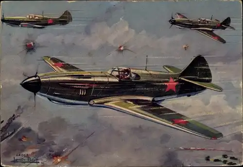 Künstler Ak Petit, Louis, Sowjetische Kampfflugzeuge LAGG 3, URSS, Avions Alliés