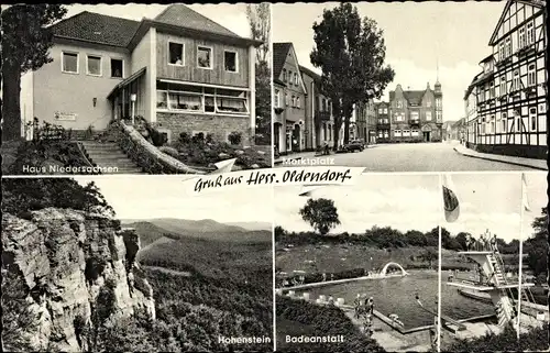 Ak Hessisch Oldendorf an der Weser, Haus Niedersachsen, Hohenstein, Freibad, Marktplatz