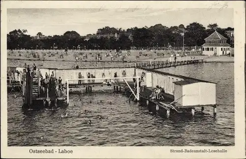 Ak Ostseebad Laboe, Strand, Badeanstalt, Lesehalle